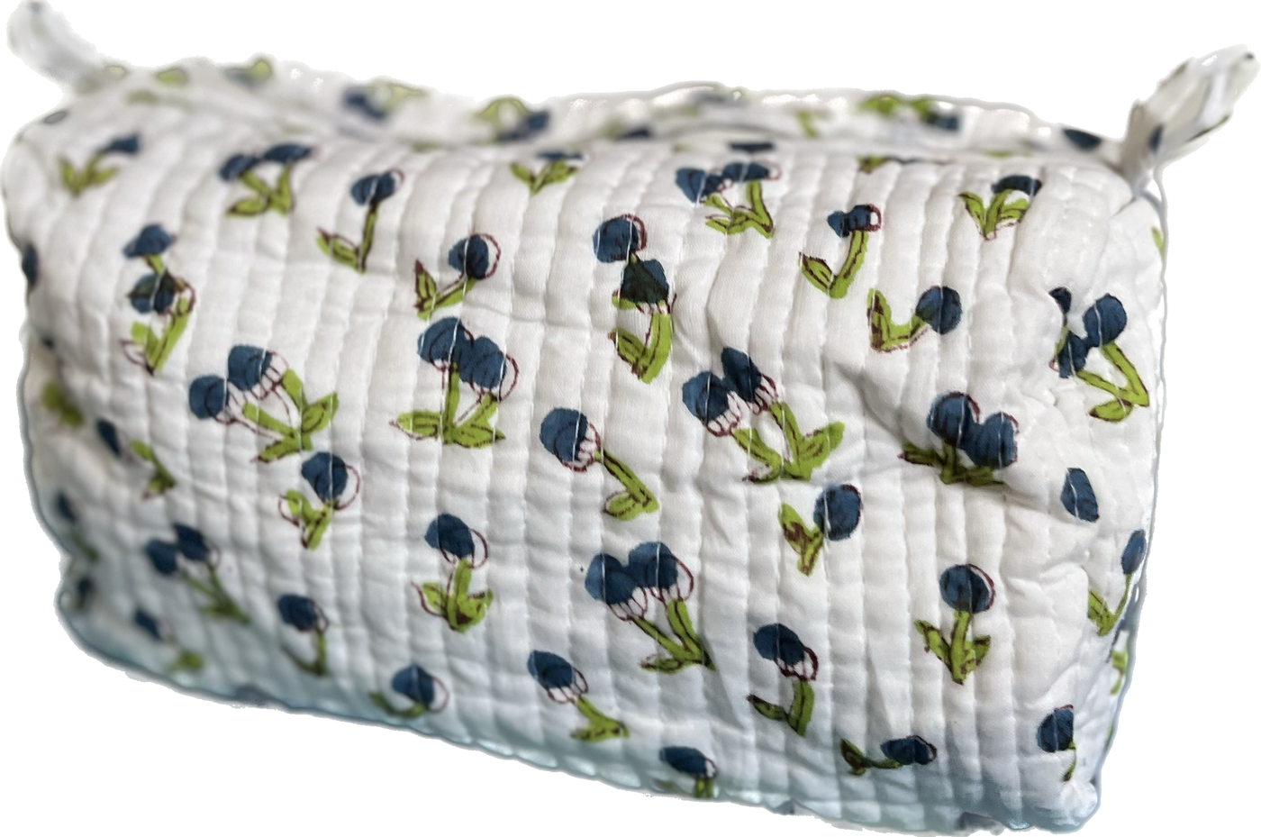 washbags in blueberry blockprint
