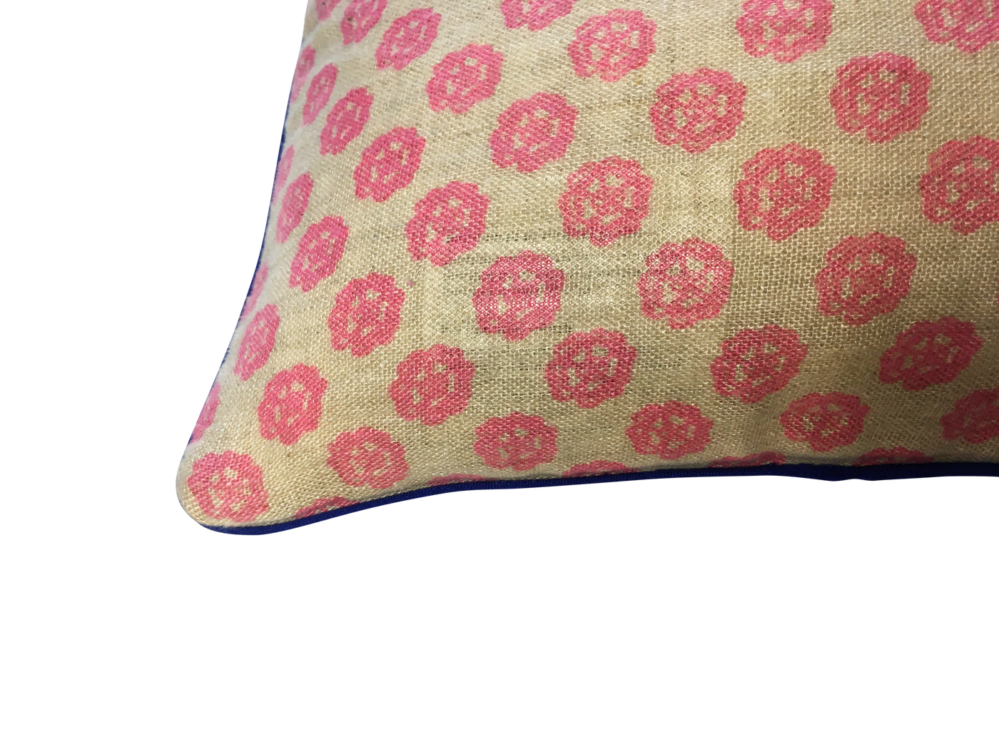 kitty-holmes-pink-clover-print-cushion-cover with-bright-blue-piping