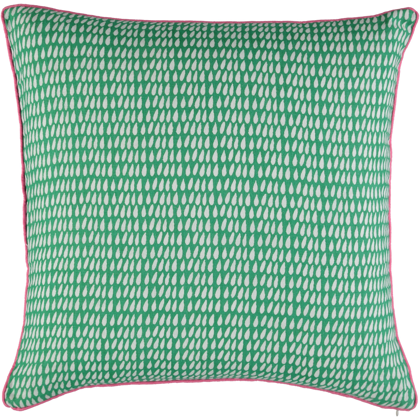 Kitty-Holmes-Green-cushion-cover-with-white-drops-and-pink-piping-colourful-cushion
