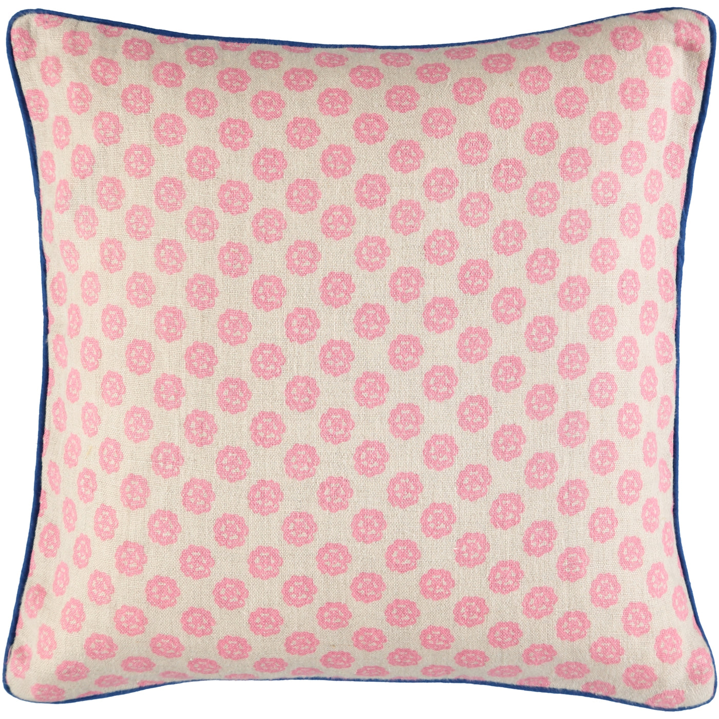 kitty-holmes-pink-clover-print-floral-cushion-cover with-bright-blue-piping