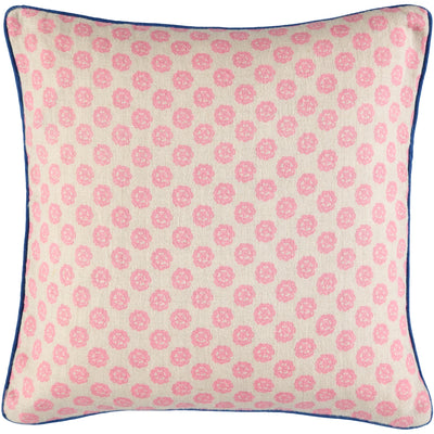 kitty-holmes-pink-clover-print-floral-cushion-cover with-bright-blue-piping
