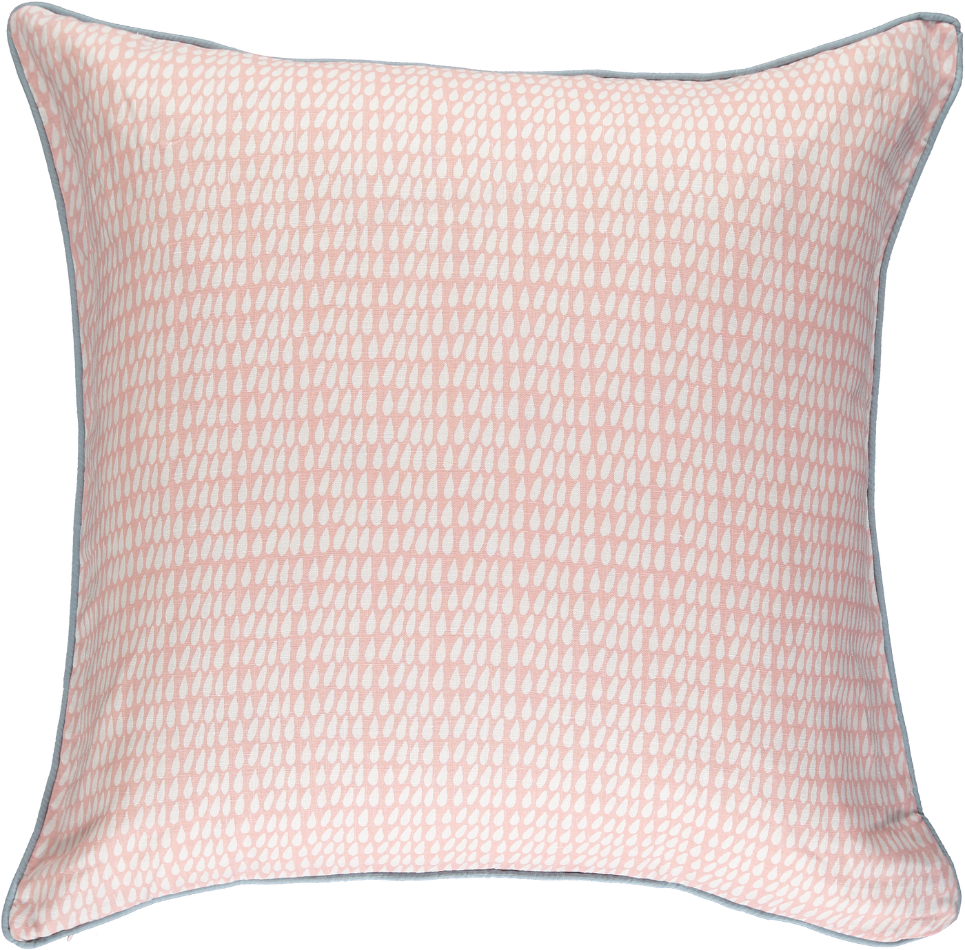 60 x 60cm Light pink linen cushion with white raindrop print and blue-grey piping.