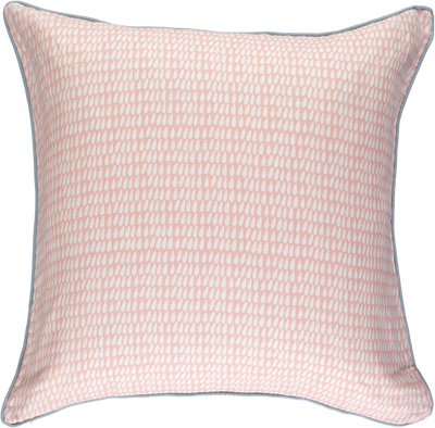 60 x 60cm Light pink linen cushion with white raindrop print and blue-grey piping.