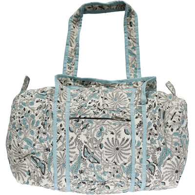 Kitty Holmes overnight bag blockprint blue and grey flowers with a zipped side pocket